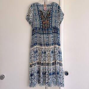 Johnny Was Mediterranean Silky like Tile Print Long Dress & liner 
Size M